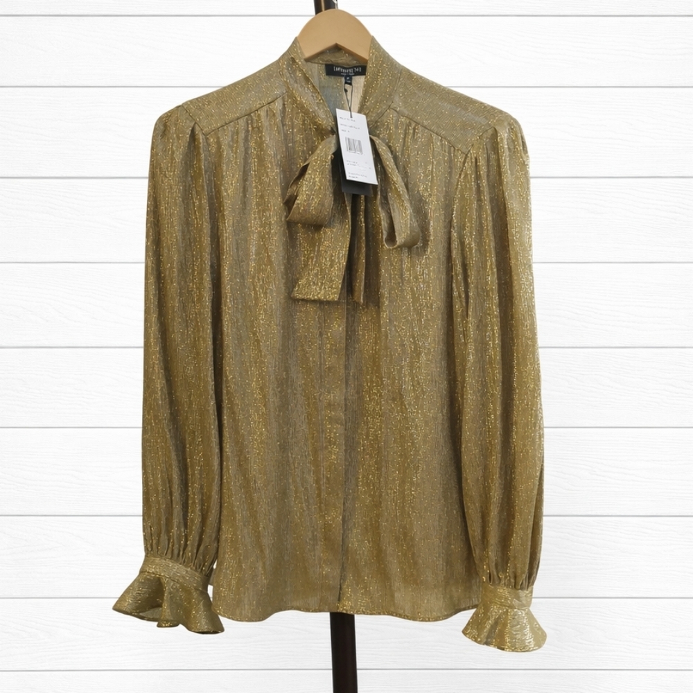 Lafayette 148 NWT  Bryon Tie Neck Blouse Honey Gold  Metallic Sz M